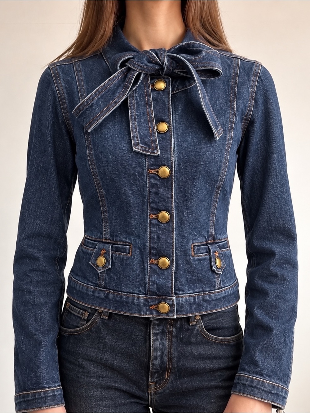 LOFT XS Fitted Denim Bow Tie Neck Gold Button Jacket